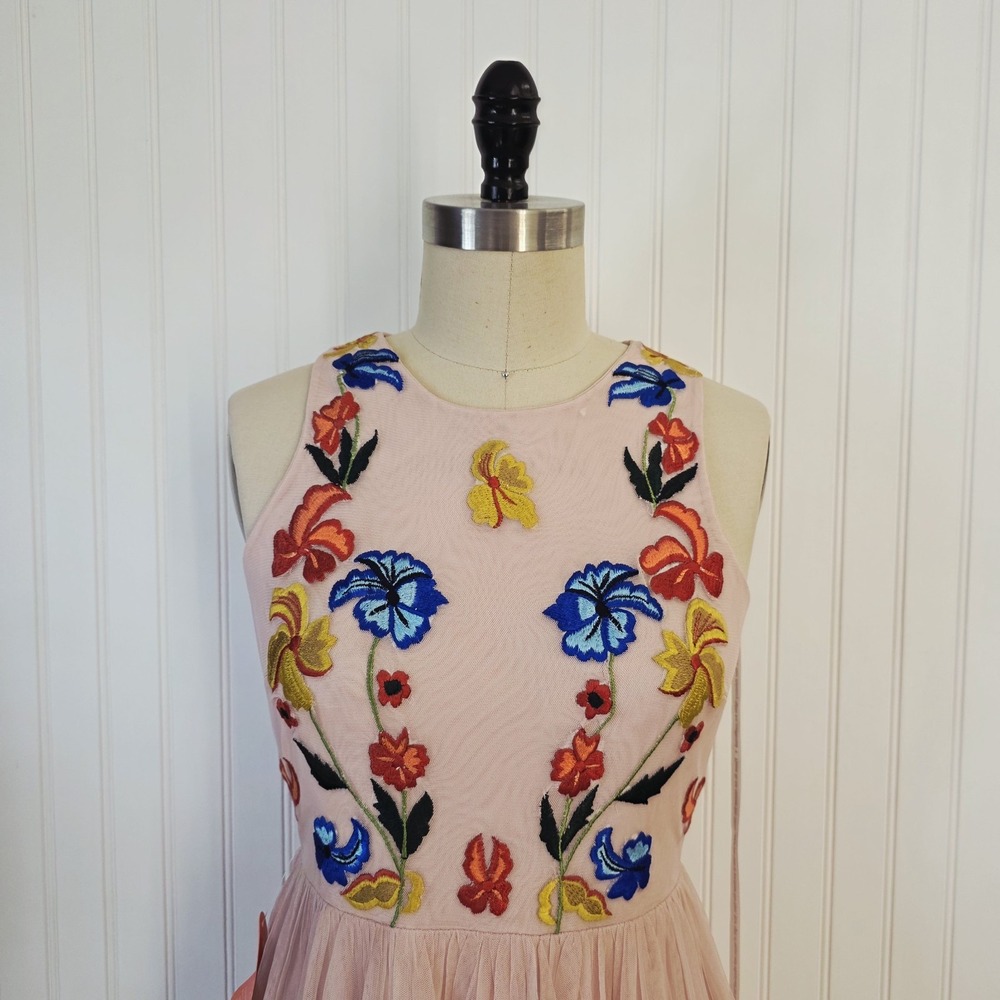 Frock & Frill NWT Romantic Blush Tulle Midi Dress | Embroidered Floral Size 6 - Picture 4 of 11